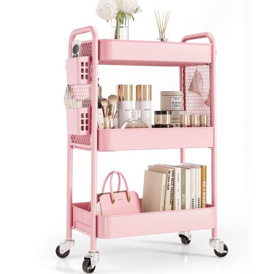 TOOLF 3 Tier Rolling Cart Storage Organizer, Metal Rolling Utility Cart with Wheels, Hooks & Bins Esthetician Craft Art Sturdy Storage with Pegboard for Bathroom, Kitchen, Office, Nursery Diaper
