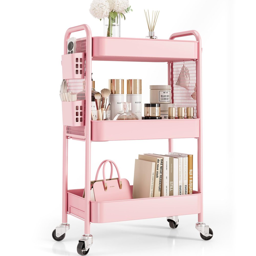 TOOLF 3 Tier Rolling Cart Storage Organizer, Metal Rolling Utility Cart with Wheels, Hooks & Bins Esthetician Craft Art Sturdy Storage with Pegboard for Bathroom, Kitchen, Office, Nursery Diaper