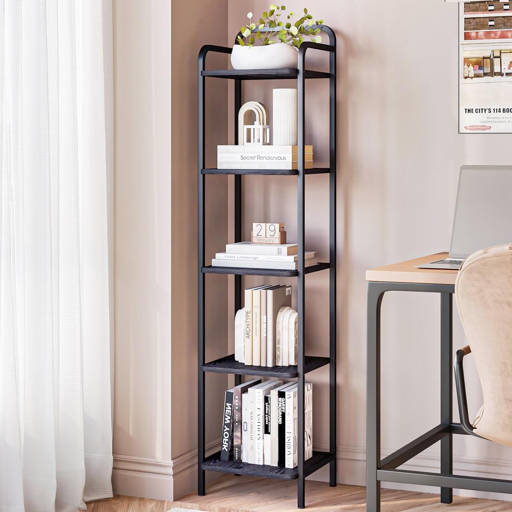 Hzuaneri Bookcase Bookshelf, Narrow Book Shelf, Industrial Corner Shelf Storage Organizer, Slim Shelving Unit for Home Office, Living Room, Bedroom, Kitchen, 5-Tier Black BC24504B