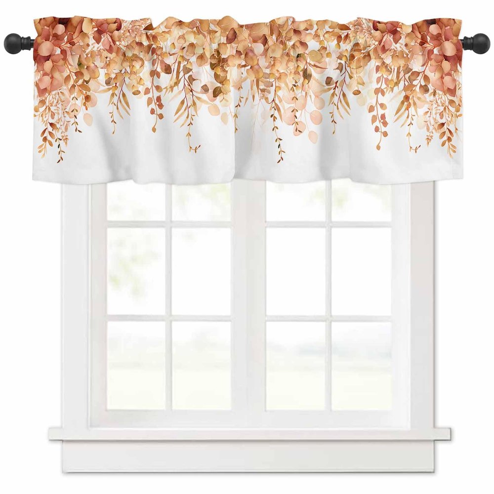 Anzona Curtain Valance 42" x 12", Orange Eucalyptus Leaves Window Valances Rod Pocket Curtains Drapes, Spring Floral Summer Botanical Short Topper Curtain for Kitchen Cafe Living Room, 1 Panel