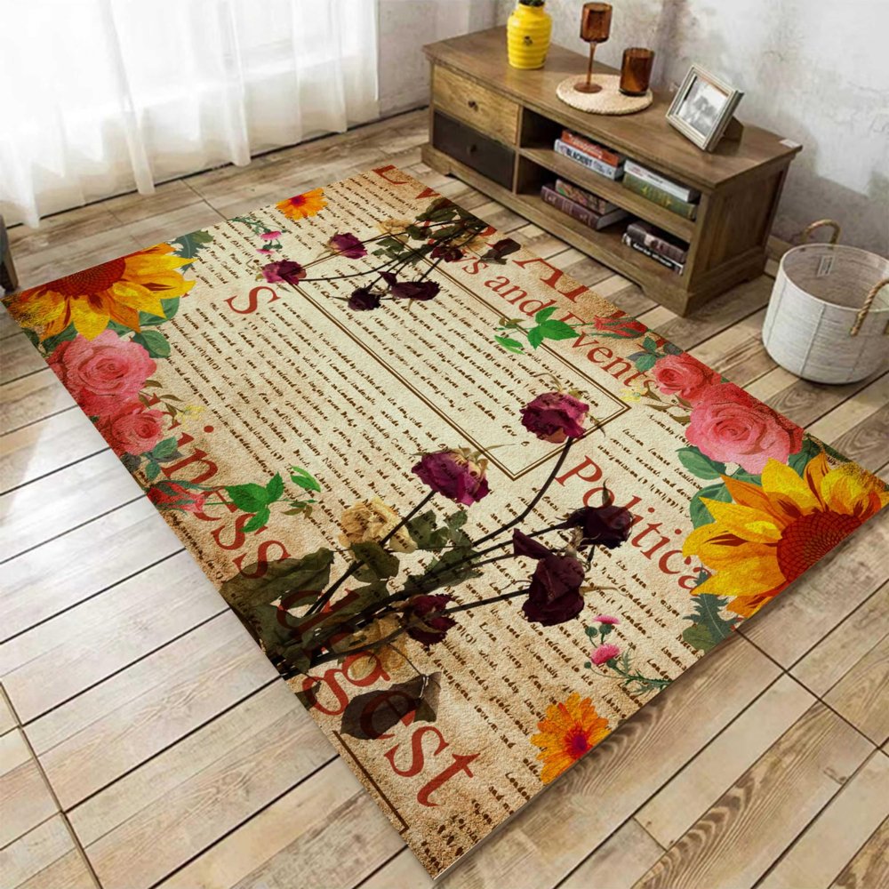 LHOMKCV Floral Area Rug, 3x5ft, Rose Sunflower Flowers on Old Newspaper Background Printed Rug, Rustic Farmhouse Non Slip Washable Floor Mat for Kitchen Living Room Bedroom Decoration