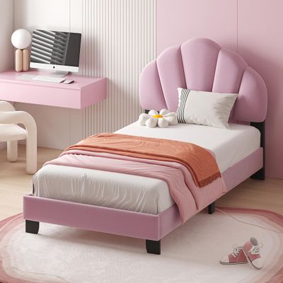 Gustonhon Twin Upholstered Velvet Platform Bed Frame with Shell-Shaped Headboard,Wood Low Bed Frames for Kids Girls Boys,No Box Spring Needed, Easy Assembly (Pink)