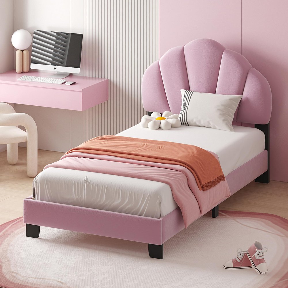 Gustonhon Twin Upholstered Velvet Platform Bed Frame with Shell-Shaped Headboard,Wood Low Bed Frames for Kids Girls Boys,No Box Spring Needed, Easy Assembly (Pink)