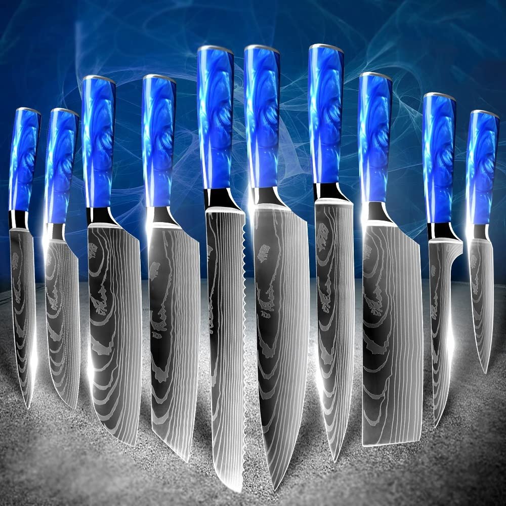 MAYiT Kitchen Knife Sets, 10pcs Chef Japanese Set Kitchen Knife 7CR17 High Carbon Stainless Steel Damascus Drawing Meat Cleaver Slicer Santoku Tools, MAYiT2855