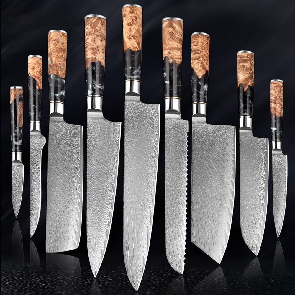 MAYiT Kitchen Knife Sets, 9 PCS Damascus Steel Kitchen Knives Set Chef Chopping Vegetable Slicing Deboning Bread Knife Black Resin Handle, MAYiT2855