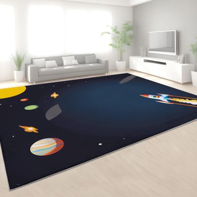 4 x 6 ft Washable Area Rugs for Living Room, Soft Cartoon Space Rocket Print Large Bedroom Rug, Blue Low Pile Non-Slip Throw Carpet for Bedroom Dining Room Home