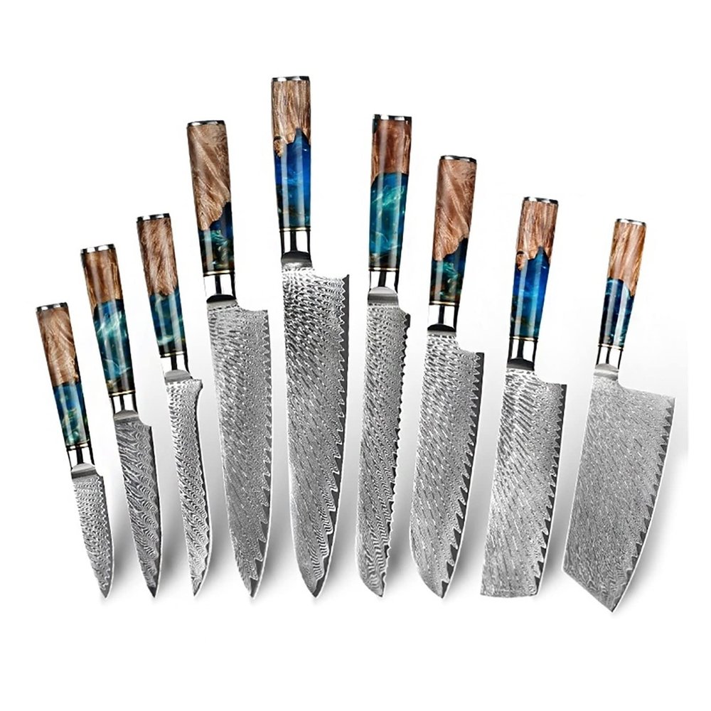 Kitchen Knife Sets, 9 PCS Kitchen Knives Set Damascus Steel VG10 Chef Knife Cleaver Paring Bread Knife Blue Resin and Color Wood Handle