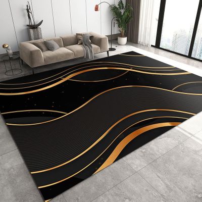 Abstract Black and Gold Line Area Rugs, Gold Line Stripe Texture Art Soft Washable Carpet, Upholstery Rug with Non-Slip Backing for Kids Boys Girls Bedroom Living Room Dining Room Study 3ftx5ft