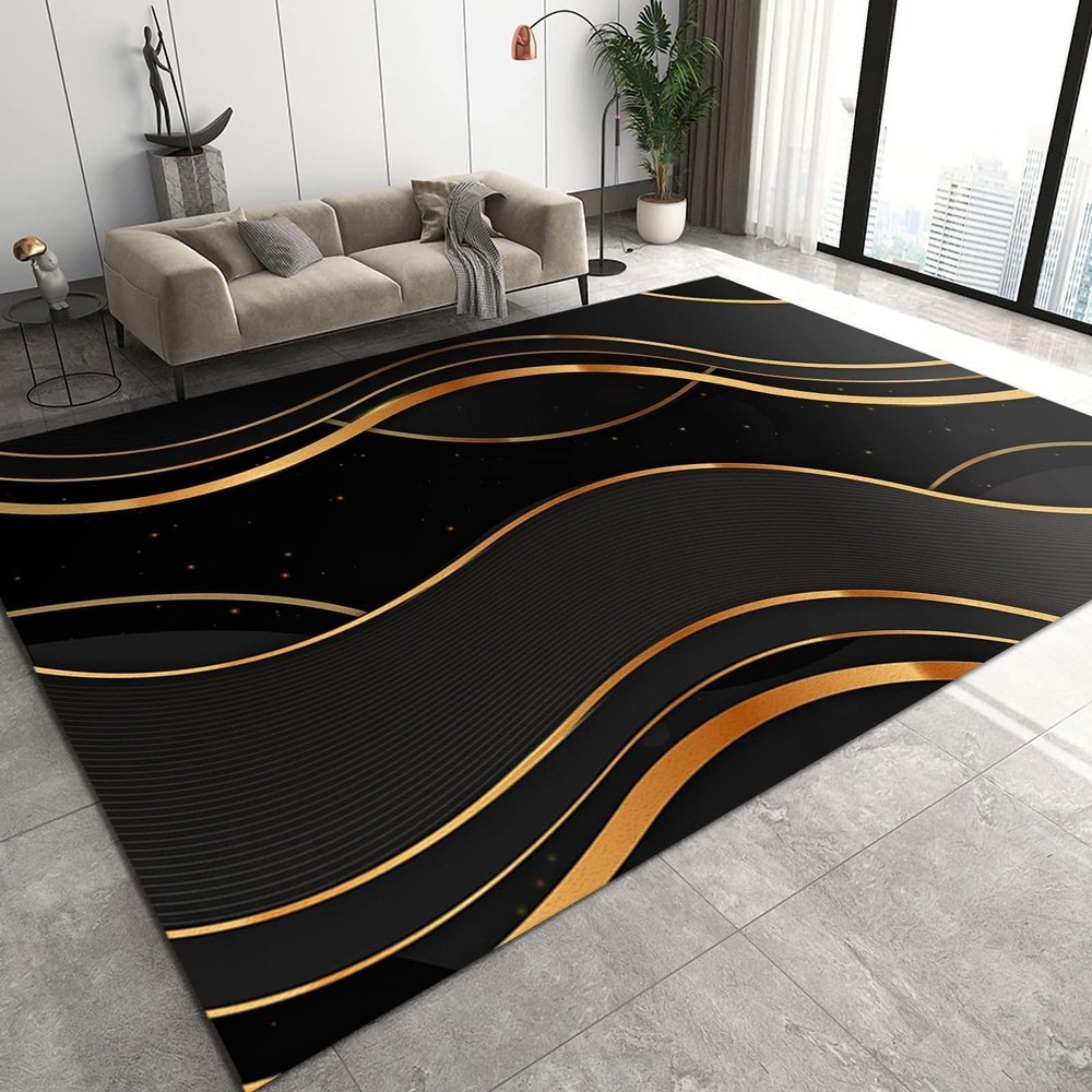 Abstract Black and Gold Line Area Rugs, Gold Line Stripe Texture Art Soft Washable Carpet, Upholstery Rug with Non-Slip Backing for Kids Boys Girls Bedroom Living Room Dining Room Study 3ftx5ft