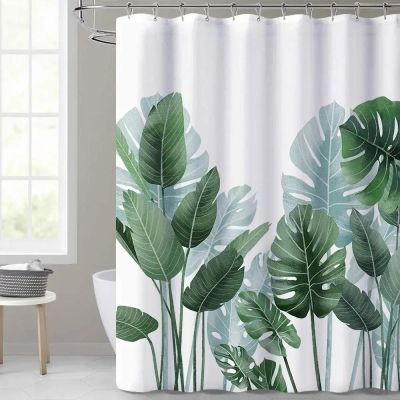 HYFBH Tropical Green Leaves Plant on White Background Shower Curtains for Bathroom Showers and Bathtubs Decor Hooks Bath Curtain 63x63in-160x160cm/WxH Shower Curtain