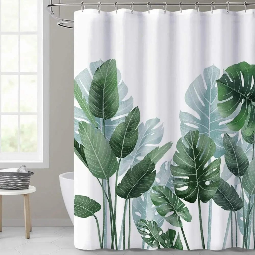 HYFBH Tropical Green Leaves Plant on White Background Shower Curtains for Bathroom Showers and Bathtubs Decor Hooks Bath Curtain 63x63in-160x160cm/WxH Shower Curtain