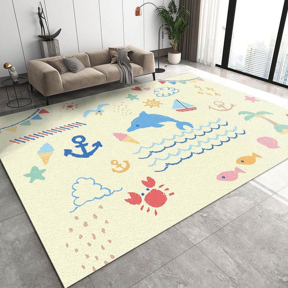 BOWESI Area Rugs 4x5ft, Handdrawn Cute Cartoon Whale Kids Play Rug, Sailing Fish Crab Clouds Throw Rugs Bedroom Soft for Coffee Shop Living Room Under Table Game Room