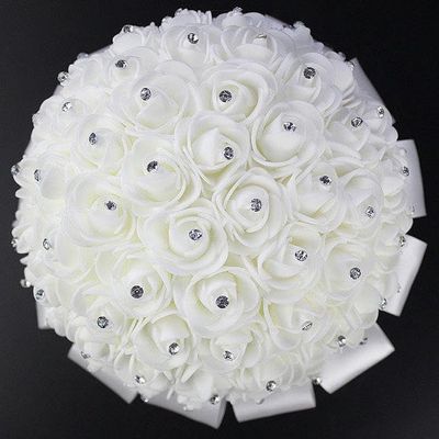 Beautiful Artificial Rose White and Ivory Ribbon Flowers Beaded Bouquet Bridesmaid Bouquets (White a)