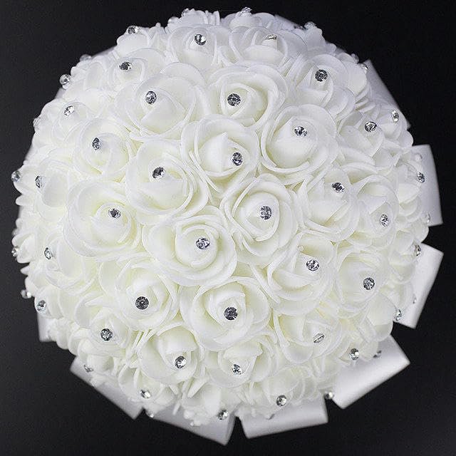 Beautiful Artificial Rose White and Ivory Ribbon Flowers Beaded Bouquet Bridesmaid Bouquets (White a)