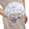 Beautiful Artificial Rose White and Ivory Ribbon Flowers Beaded Bouquet Bridesmaid Bouquets (White a) view 2