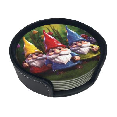 6Pcs Drink Coasters for Drinks Tabletop Protection, Colorful Gnomes Leather Coaster with Holder, Absorbent Cup Coaster for Coffee Table Home Decor 4" Cup Mat Pad