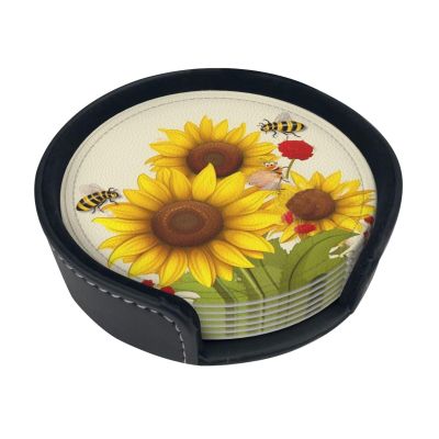 6Pcs Drink Coasters for Drinks Tabletop Protection, Bees Sunflowers Daisy Rose Flowers Leather Coaster with Holder, Absorbent Cup Coaster for Coffee Table Home Decor 4" Cup Mat Pad
