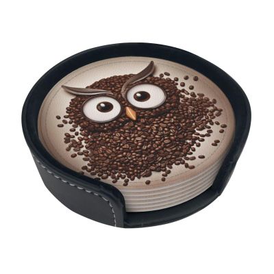 6Pcs Drink Coasters for Drinks Tabletop Protection, Coffee Bean owl Leather Coaster with Holder, Absorbent Cup Coaster for Coffee Table Home Decor 4" Cup Mat Pad