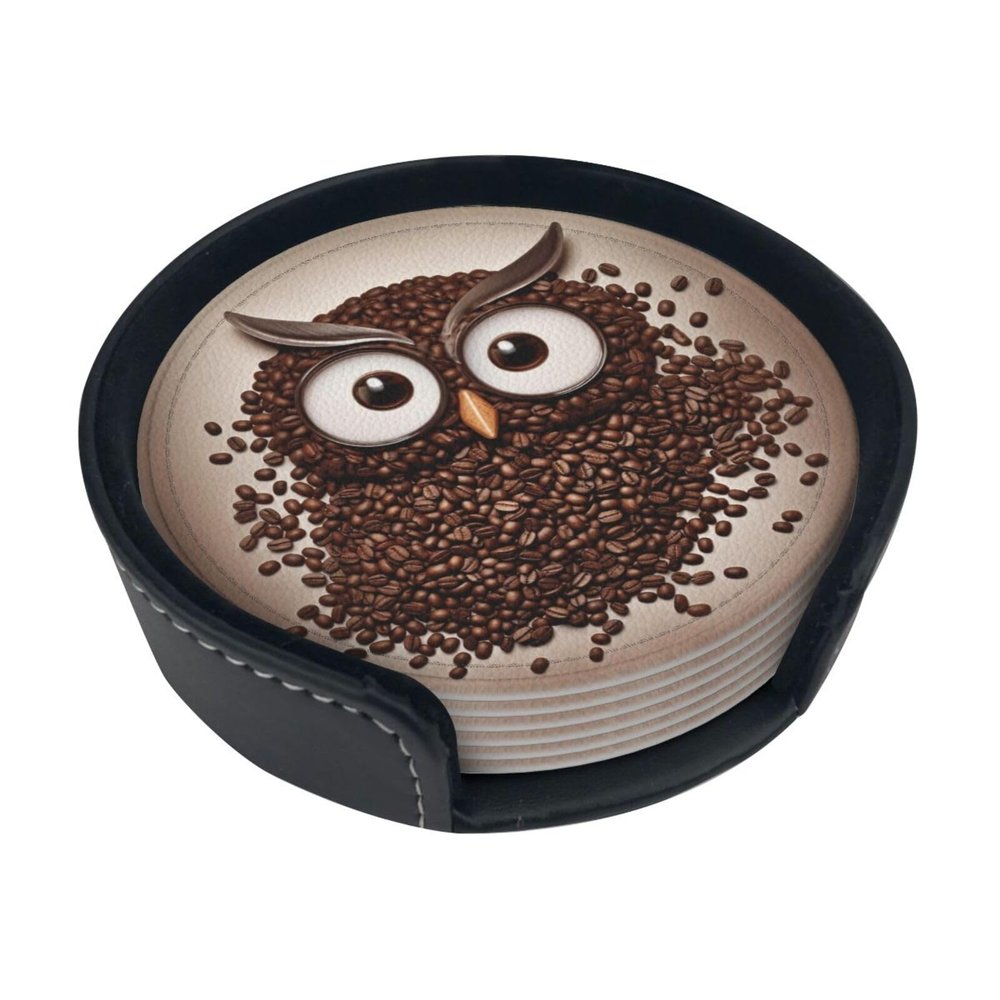 6Pcs Drink Coasters for Drinks Tabletop Protection, Coffee Bean owl Leather Coaster with Holder, Absorbent Cup Coaster for Coffee Table Home Decor 4" Cup Mat Pad