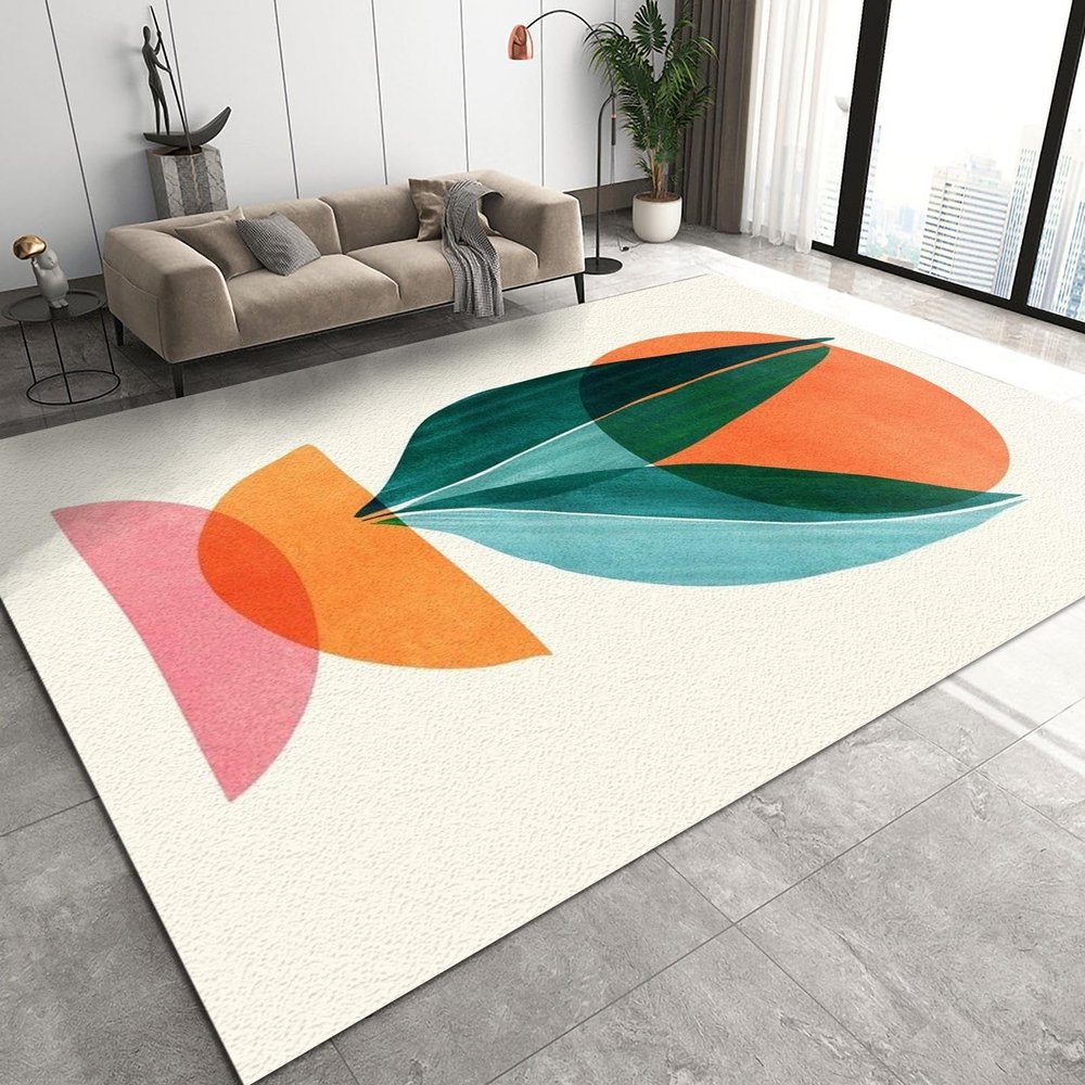 Abstract Green Leaves Kids Indoor Carpet, Boho Sun Pink Orange Geometry Area Rug for Living Room, Non-Slip Washable Durable Breathable Foldable Mat for Bedroom Entryway Hallway Nursery-6x9ft