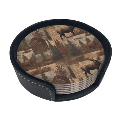 6Pcs Drink Coasters for Drinks Tabletop Protection, Rustic Lodge Bear Moose Leather Coaster with Holder, Absorbent Cup Coaster for Coffee Table Home Decor 4" Cup Mat Pad