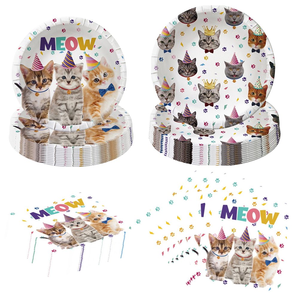 Lousuip 80PCS Cat Party Supplies Cat Kitten Paper Plates and Napkins Party Tableware for Kids Meow Birthday Babyshower Decorations, Serves 40