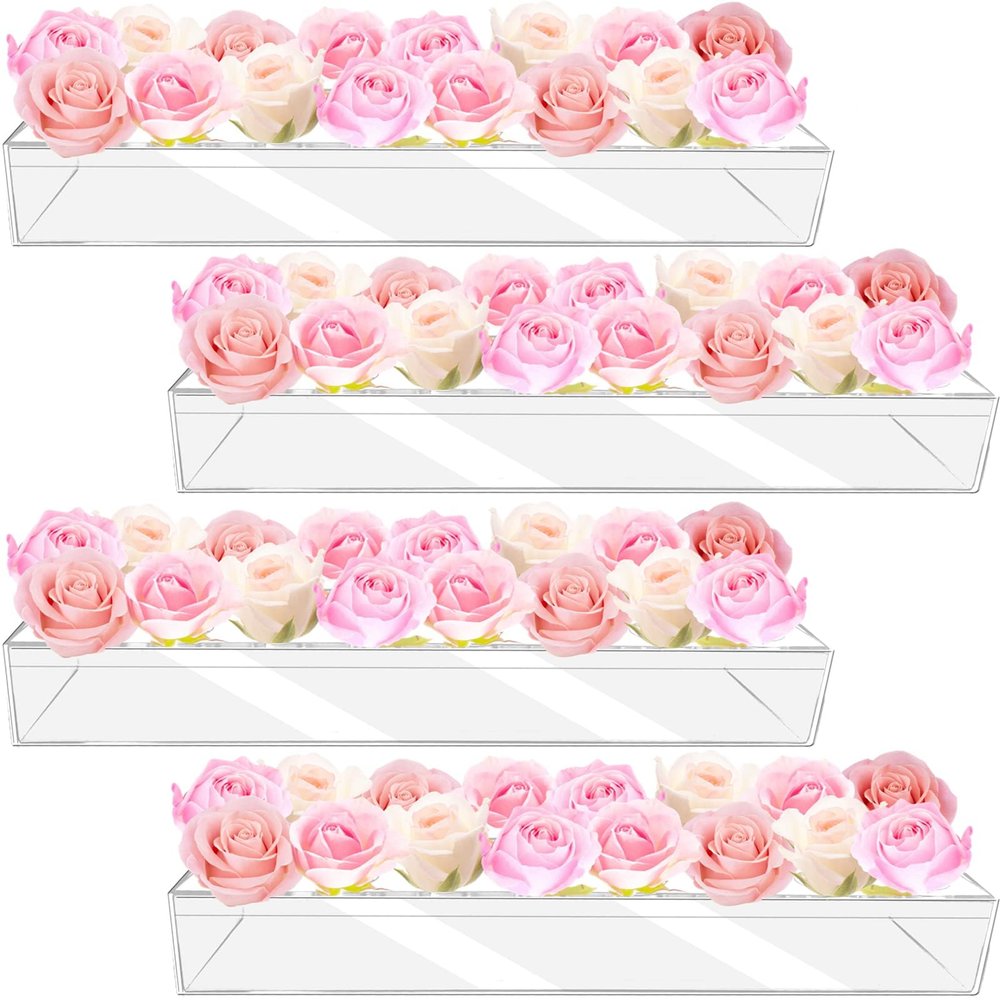 4Pcs Acrylic Flower Vase with 64 Holes,63 inch Decorative Long Clear Vase Modern,Rectangular Acrylic Vases Clear Floral Centerpiece for Dining Table Reception Home Party Decorations