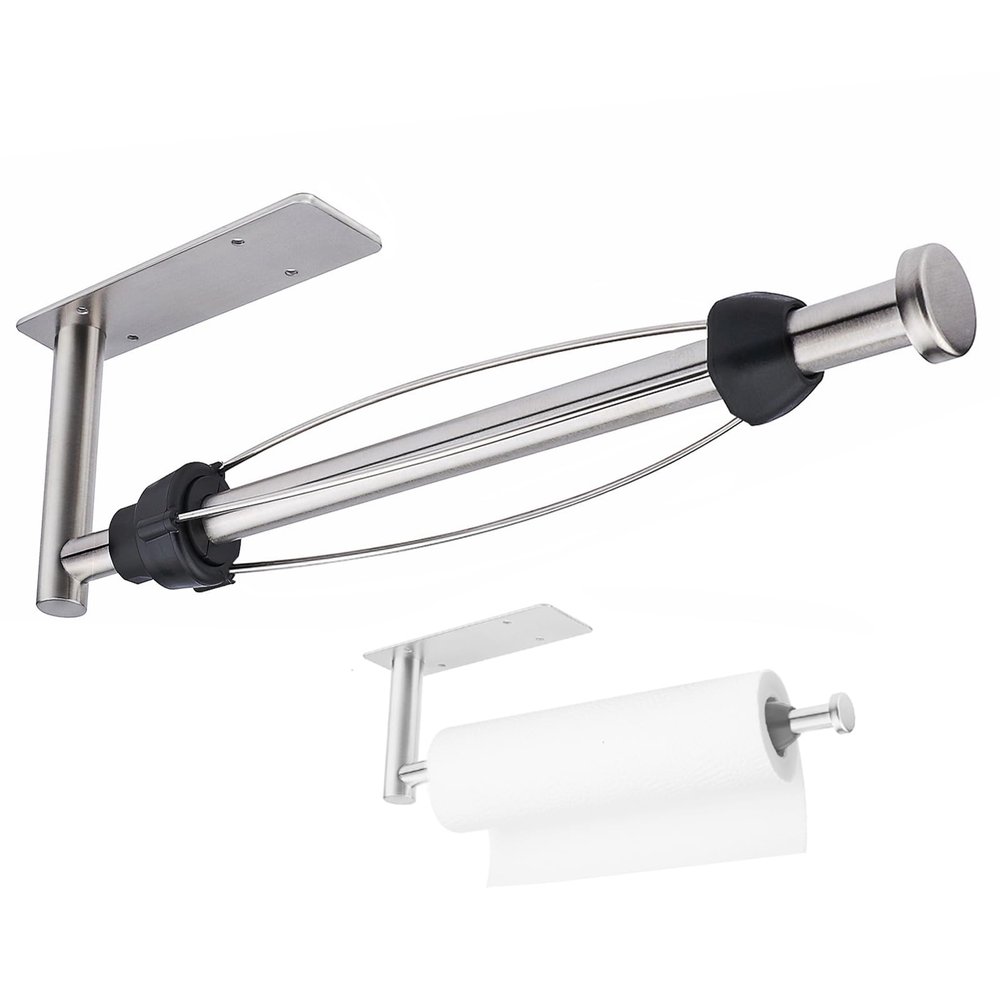 HARDHORN Paper Towel Holder, Single Hand Operable Under Cabinet Wall Mount Paper Roll Holders with Damping Effect, Self Adhesive or Drilling Hanging Holders for Kitchen, Bathroom, RV, Silver