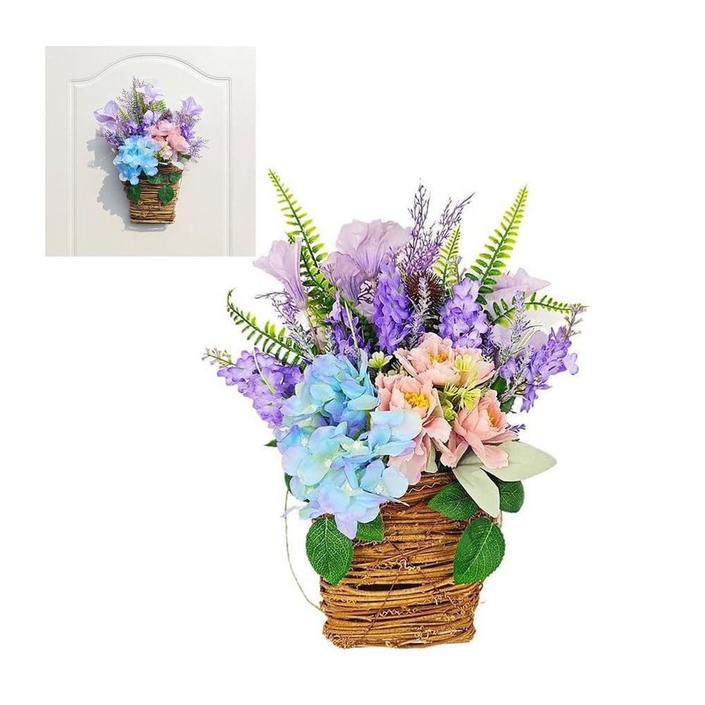 Cream Hydrangea Door Hanger Basket Wreath, 2024 New Spring Pink Berry Wildflowers Door Hanging Basket Wreath, Front Door Beautiful Artificial Spring Wreath Welcome Sign, Home Porch Wall Decor (D)