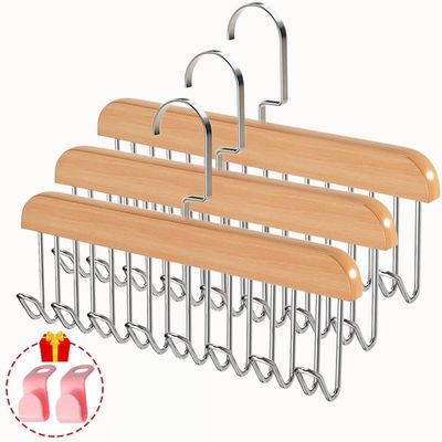 Bra Hangers 3 Pack - with 16 Non-Slip 360Rotating Metal Hooks for Tie, Hat, Bra, Wooden Multi Hook Hanger - Saves Space