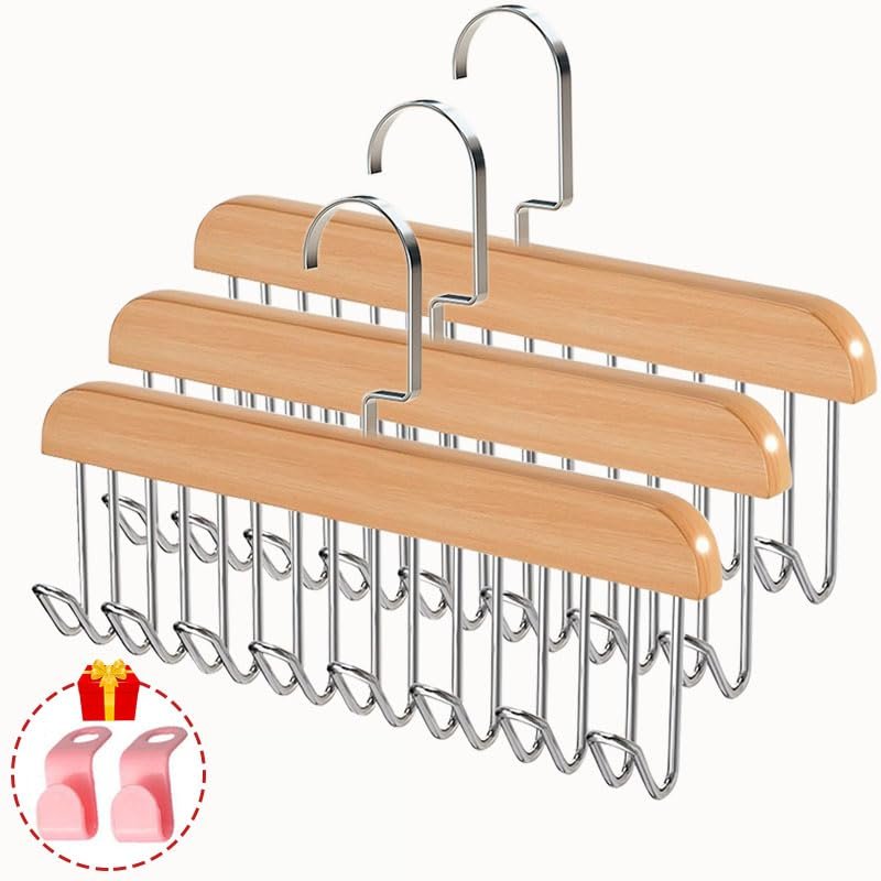 Bra Hangers 3 Pack - with 16 Non-Slip 360Rotating Metal Hooks for Tie, Hat, Bra, Wooden Multi Hook Hanger - Saves Space