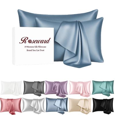 100% Mulberry Silk Pillowcase for Hair and Skin Made in USA-Real 19 Momme Silk Pillow Cover, 6A Grade, Cooling and Soft, Zipper Closure, Anti Aging, Anti Acne (Blue Grey 2 Pack, King 20''x36'')