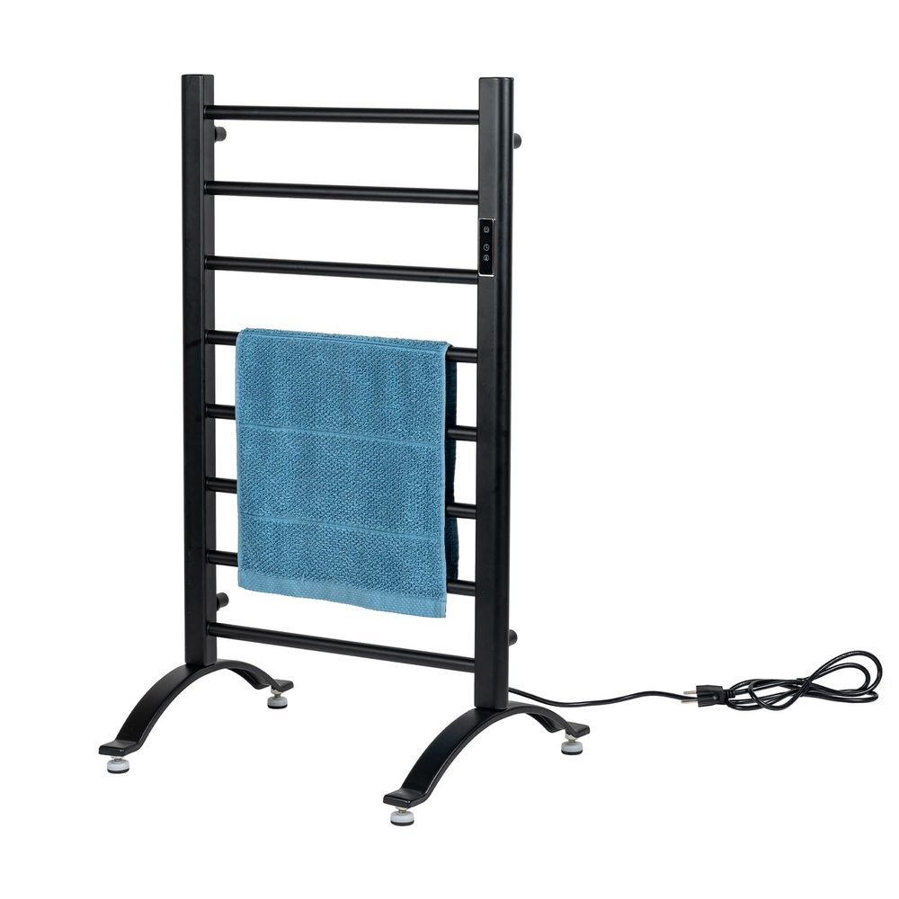 MyGift Hotel Series Matte Black Carbon Steel Towel Warmer Rack with 8 Heating Bars and LED Temperature Timer Control, Freestanding or Wall Mounted Electric Bath Towel Warming Holder