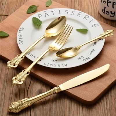 GOODJAYVEN Silverware Flatware Set, 4/16/24/32/40/48 Pieces Palace Embossed Tableware Gold Tableware Knife, Fork And Spoon Set Steak Knife And Fork (Color : Gold, Size : 4Set-16Pcs)