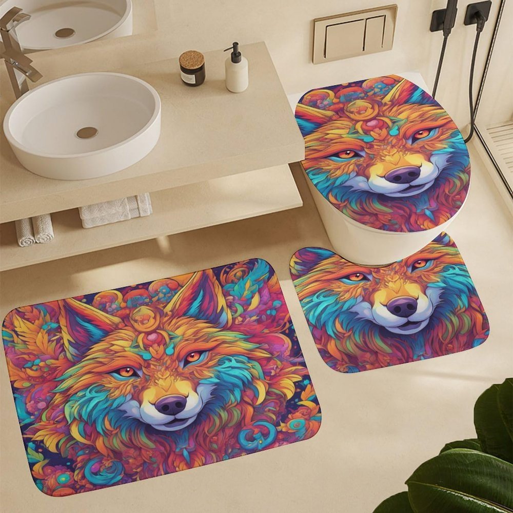 ZGDPBYF Wolf Wild Animal 3 Piece Bath Mats Psychedelic Animal Feather Wolf Head Waterproof Non Slip Bath Mat Set, Washable Rug for Bathroom,-3-Piece Set