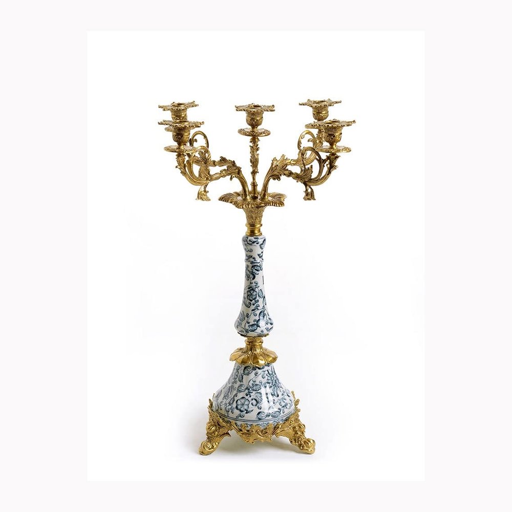 Candle Holder Retro Palace Luxury 5-Head Ceramic with Copper Candlestick Decoration Indoor Living Room Bedroom Desktop Candlestick Decoration Centerpiece Table Decorations