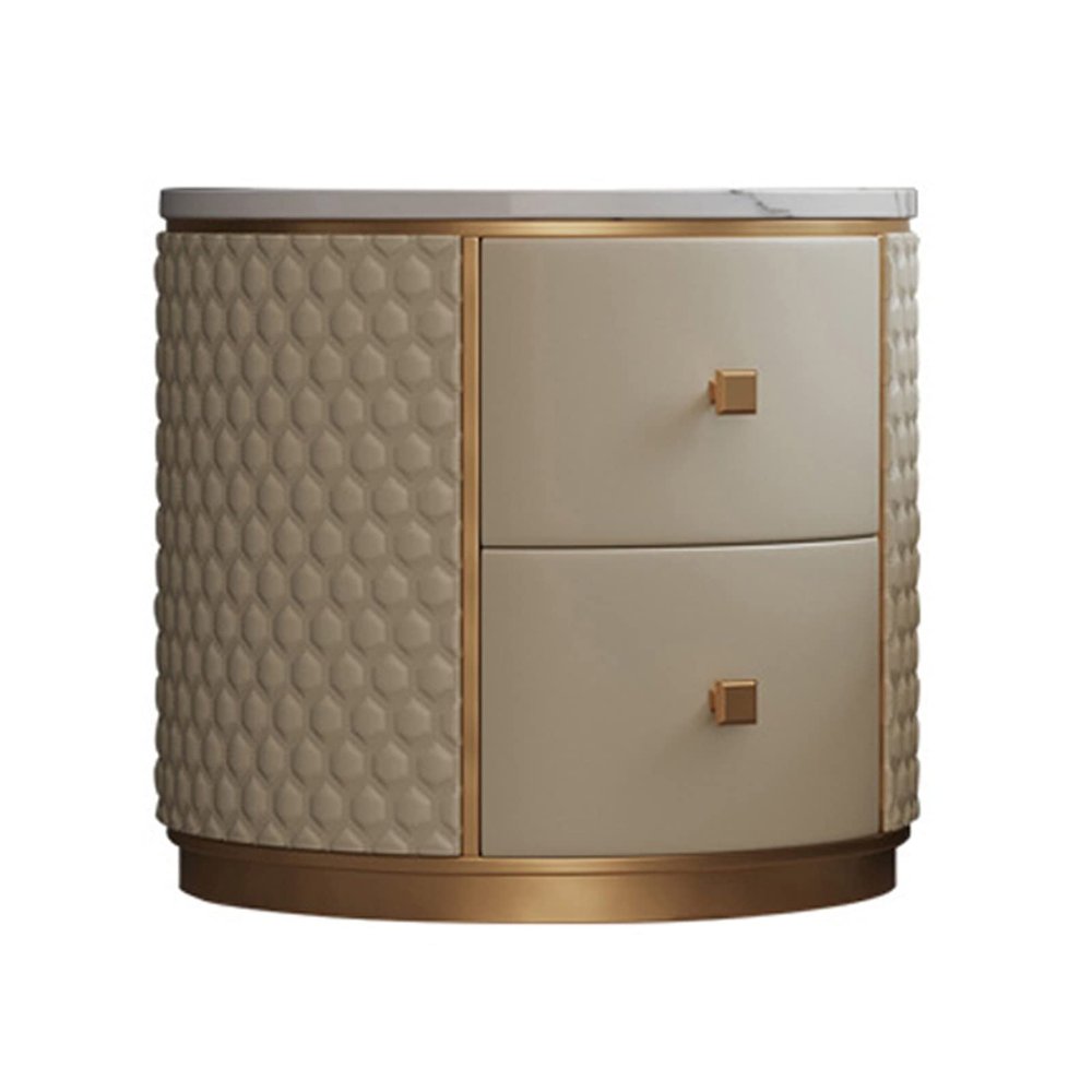 Bedside Cabinet Nightstand with 2-Drawers, Round Marble Top Bedside Table Modern Minimalist Bedside Storage Cabinet Small Space Storage Cabinet for Living Room Bedroom Nightstand