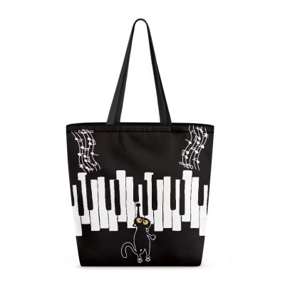Pynewomyt Black Cats Canvas Tote Bag Aesthetic Shopping Shoulder Bag with Inner Pocket Piano Key Music Notes Reusable Grocery Cloth Bag Musical Travel Handbag