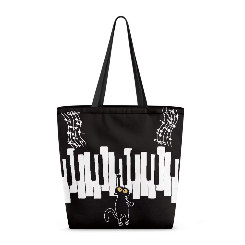 Pynewomyt Black Cats Canvas Tote Bag Aesthetic Shopping Shoulder Bag with Inner Pocket Piano Key Music Notes Reusable Grocery Cloth Bag Musical Travel Handbag