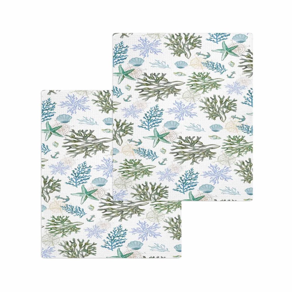 Ocean Sea Corals Hand Towels Set,Waffle Weave Kitchen Towels 2 Pieces,Microfiber Hair Bath Tea Towel Absorbent Quick Drying Cleaning Dish Cloths,Nautical Anchor Coastal Seashell Starfish 15.7"x23.6"