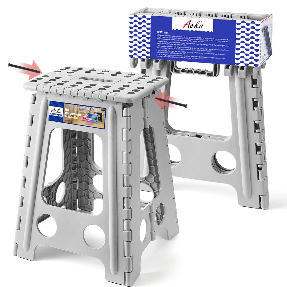 ACKO Folding Step Stool Foldable 17.5 Inch 400 lbs Capacity, Plastic Stools for Adults and Kids, Collapsible Stools for Kitchen, Stepping Stool with Handle(Grey)