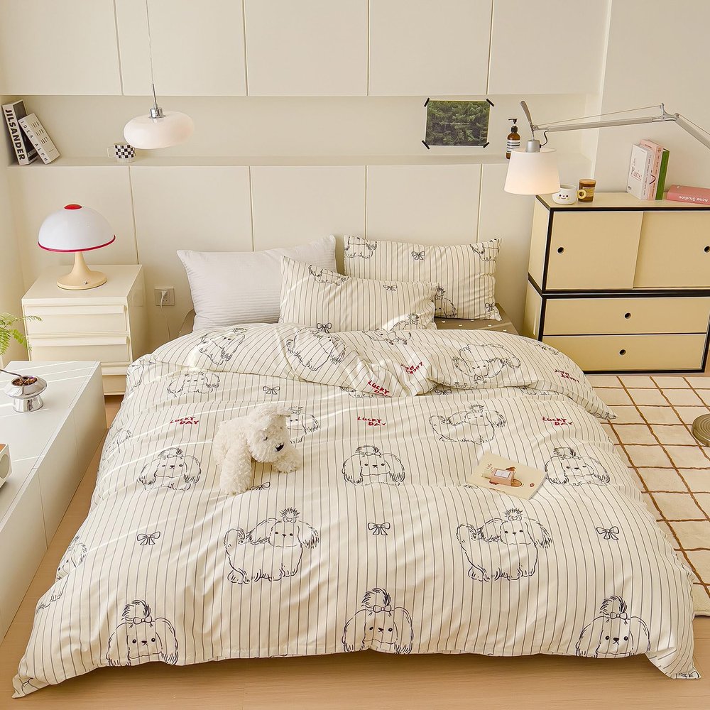 AOJIM Striped Duvet Cover Set with Cute Dog Pattern, 1 Pure Cotton Comforter Cover and 2 Pillowcases, Soft Lightweight Bed Set Queen Size, Pink Quilt Cover for Room Decor (No Comforter)
