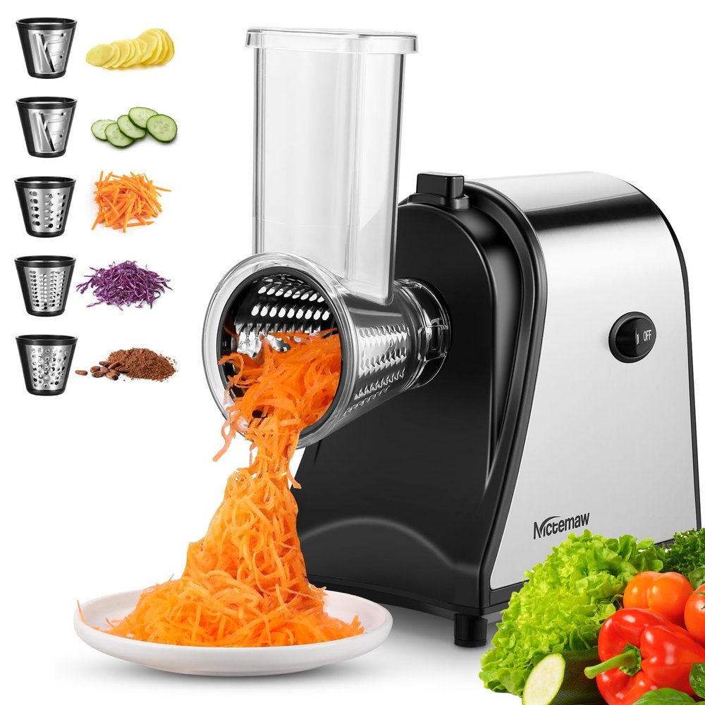 Electric Cheese Grater for Block Cheese, 5 Different Shapes of Blades for Slicing/Shredding/Grating, 250W Automatic Cheese Shredder Vegetable Slicer with One-Touch Control for Fruits, Nuts
