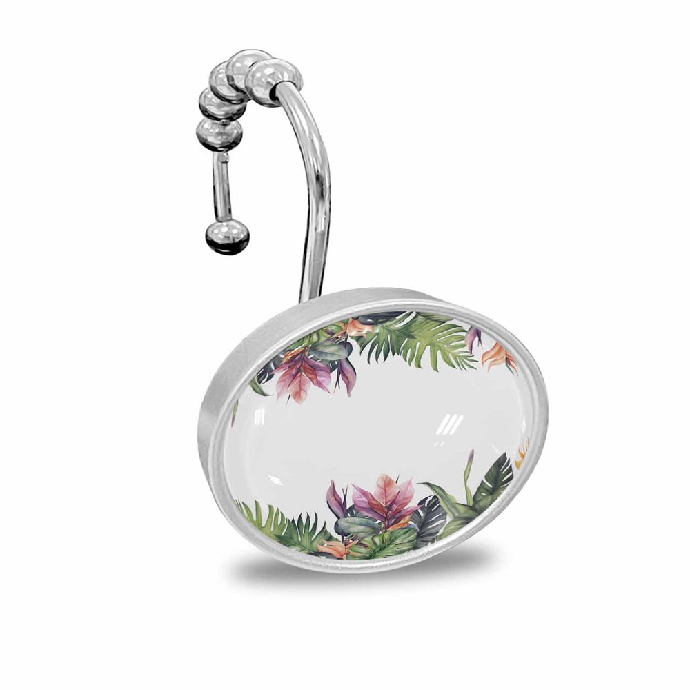 Palm Leaves Shower Curtain Hooks, Vintage Tropical Rainforest Palm Leaves 12PCS Shower Curtain Hooks Rings for Bathroom Stainless Steel Rust Resistant Shower Curtain Hangers