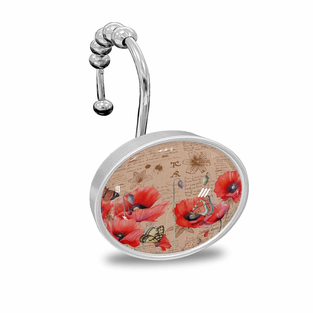 Poppy Shower Curtain Hooks, Red Vintage Poppy Flower Butterfly 12PCS Shower Curtain Hooks Rings for Bathroom Stainless Steel Rust Resistant Shower Curtain Hangers