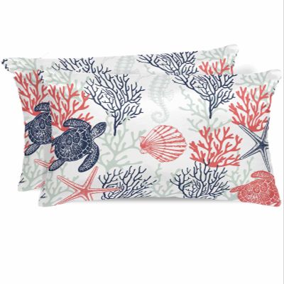 Wotrend Ocean Animal Standard Pillowcase Set of 2, Summer Turtle Starfish Jellyfish Coral Red Navy Blue Satin Pillow Case Cover with Smooth Hidden Zipper Closure, Soft Throw Pillow Covers 20X26 Inch