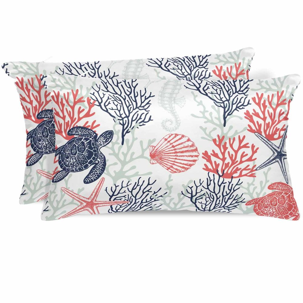 Wotrend Ocean Animal Standard Pillowcase Set of 2, Summer Turtle Starfish Jellyfish Coral Red Navy Blue Satin Pillow Case Cover with Smooth Hidden Zipper Closure, Soft Throw Pillow Covers 20X26 Inch