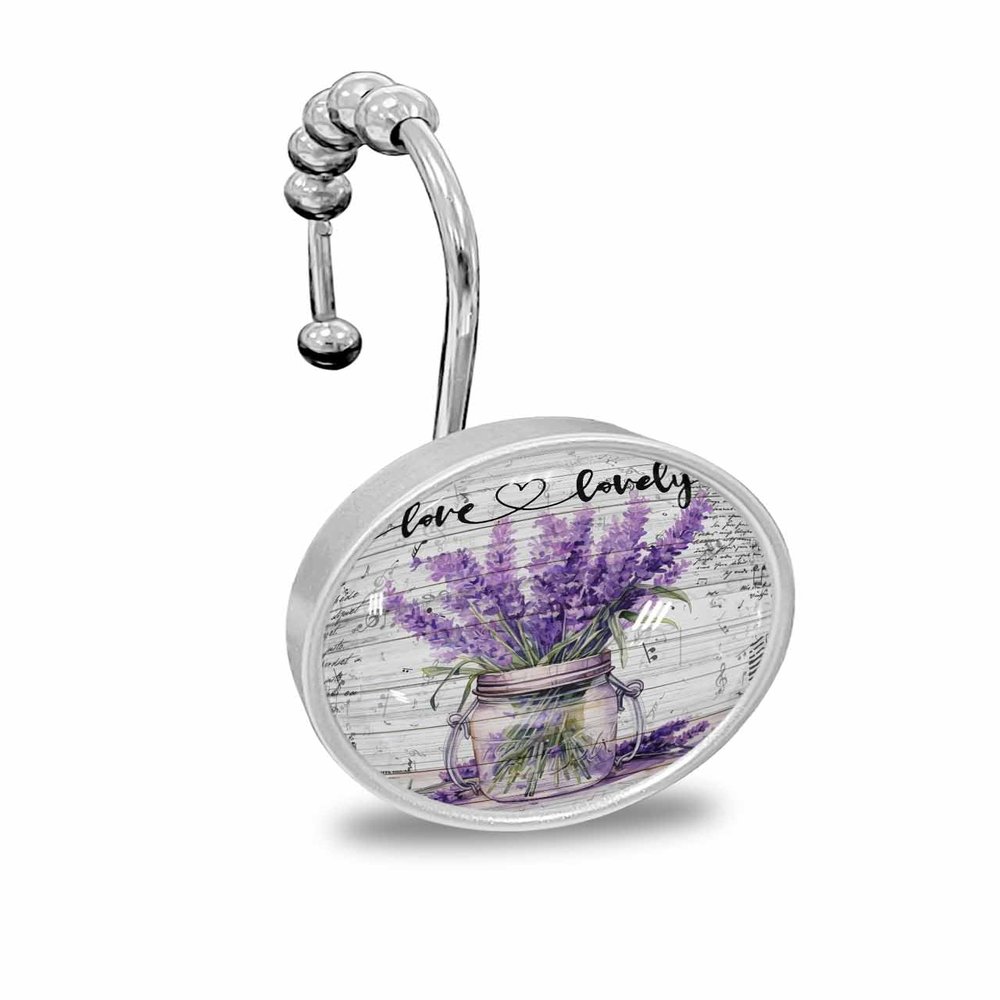 Spring Shower Curtain Hooks, Retro Plant Lavender Flowers 12PCS Shower Curtain Hooks Rings for Bathroom Stainless Steel Rust Resistant Shower Curtain Hangers