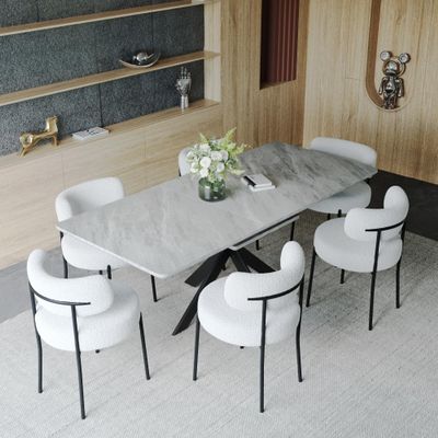 Hilknen Modern Dining Table Set for 6, Expandable Kitchen Dining Table Set, 63-78 inch Marble Top, 6 Upholstered Boucle Chairs, Grey Table + Boucle Chair, Ideal for Dining Room, Kitchen