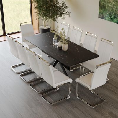 Modern Dining Table Set for 10, Expandable Kitchen Dining Table Set, Faux Marble Dining Room Table Set, 6-10 People Dining Table Set with Metal Leg Suitable for Living Room Dining Room Office